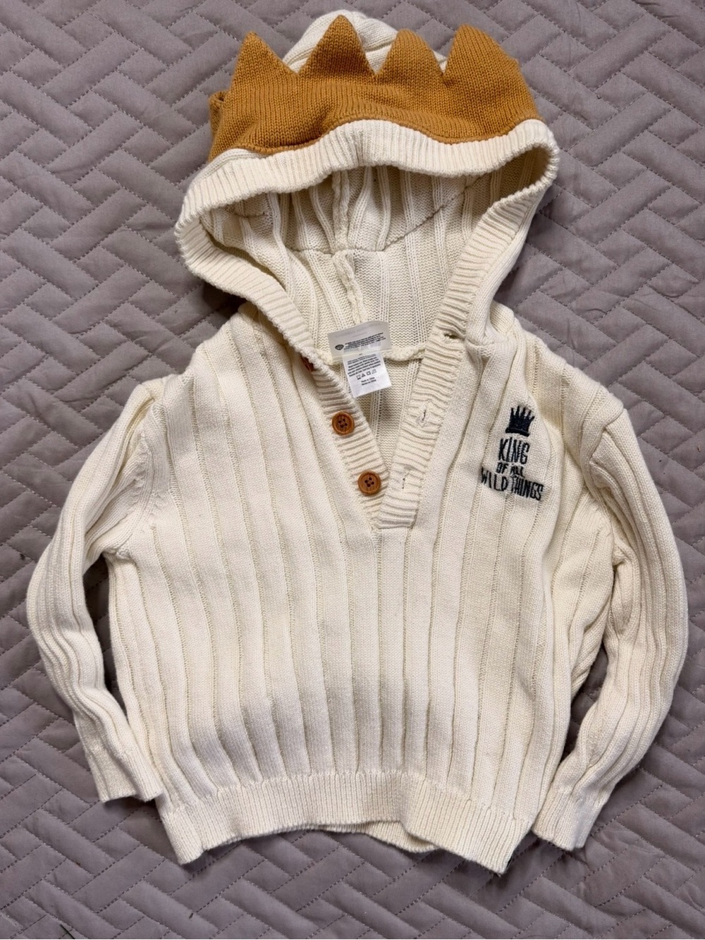 Where the wild things are Cream Rib-Knit V-Neck Sweater with Mustard Crown Hood